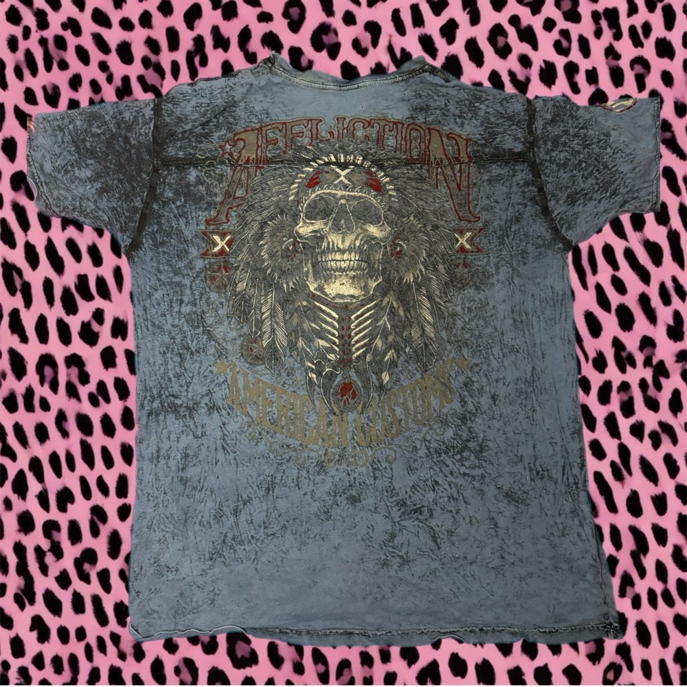 Affliction Men’s Reversible T-Shirt XXL Native Skull Print Motor Oil Blue